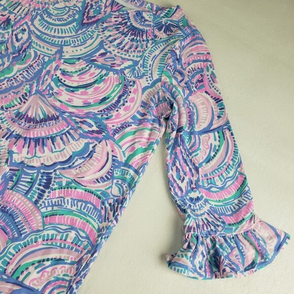Lilly Pulitzer Sopie Ruffle Dress Girls XL 12/14 Blue Happy As a Clam 3/4 Sleeve - Picture 2 of 9